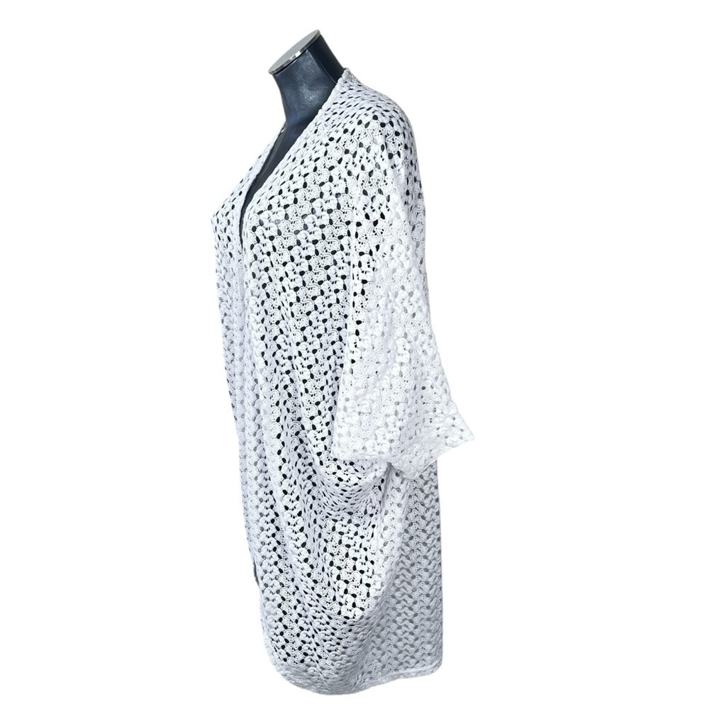 BOBEAU White Crochet Open Front Tunic Cardigan Swimsuit Cover-up Women's Size L - Picture 4 of 12